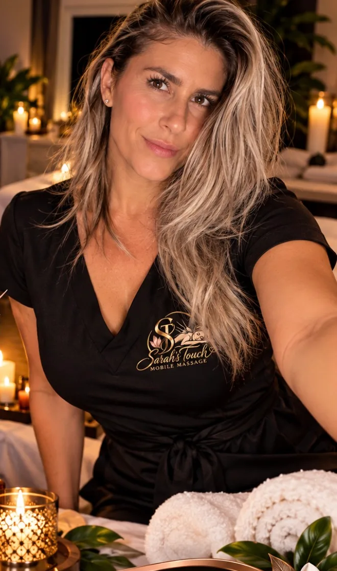 Sarah in her branded Sarah’s Touch Mobile Massage uniform in a welcoming spa-inspired setting
